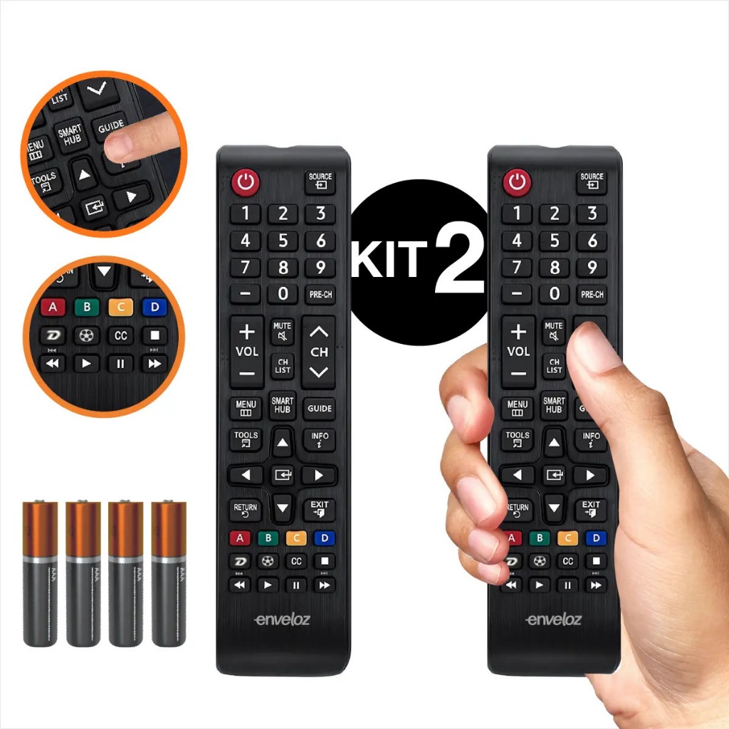 Kit 2 Controle Remoto Para Tv Samsung Smart 4k Lcd Hd Oled Com 4 Pilhas Tecla Smart Hub Futebol Universal Compatível