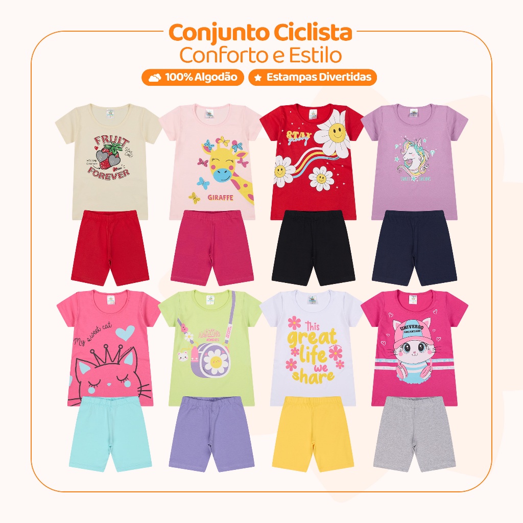Kit Sortido 6 Peças de Roupas Bebe Menina Conjunto Ciclista Tamanho 1 ao 10