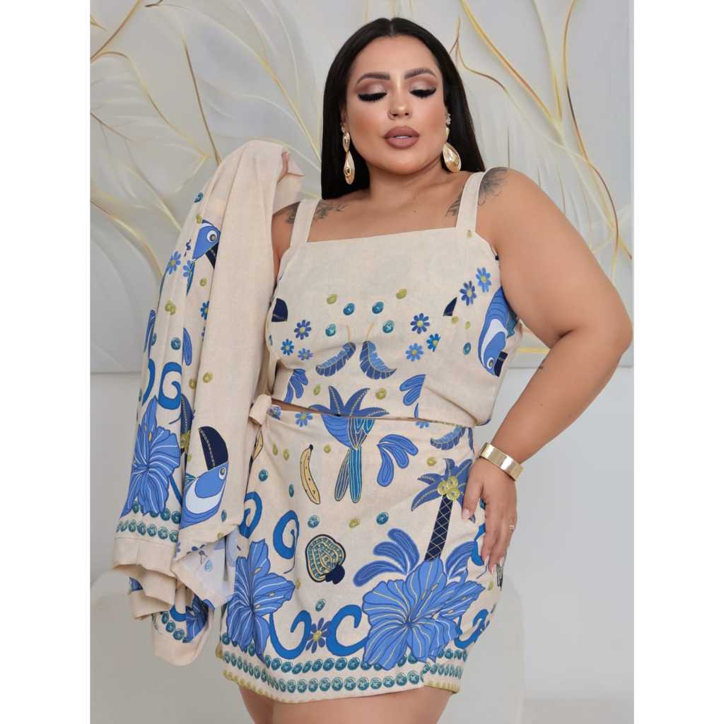Trijunto Feminino Plus Size 3 Peças Kimono + Cropped + Short Estampado | Conjunto Elegante Moda Feminina Tendência