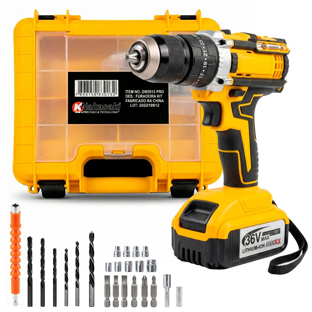 Furadeira Parafusadeira Bateria 36v Sem Fio Auto Reversa Profissional Maleta E Acessórios 1150rpm