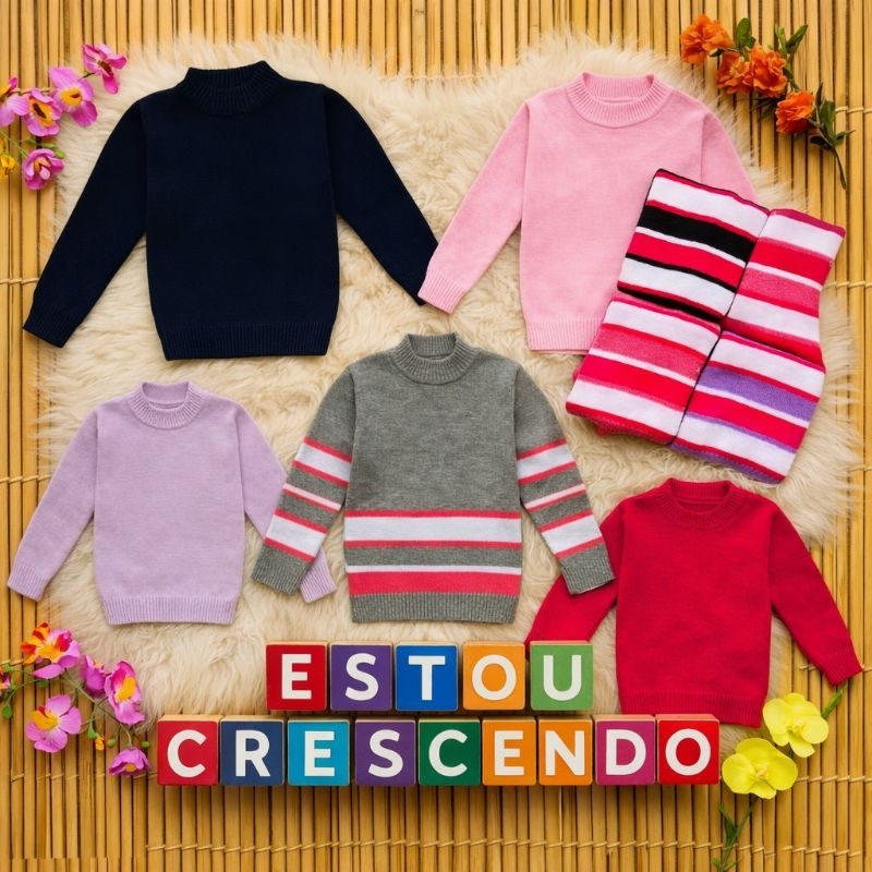Blusa Infantil Feminina de Lã Listrada e Lisa com Gola Alta – Quentinha para o Inverno