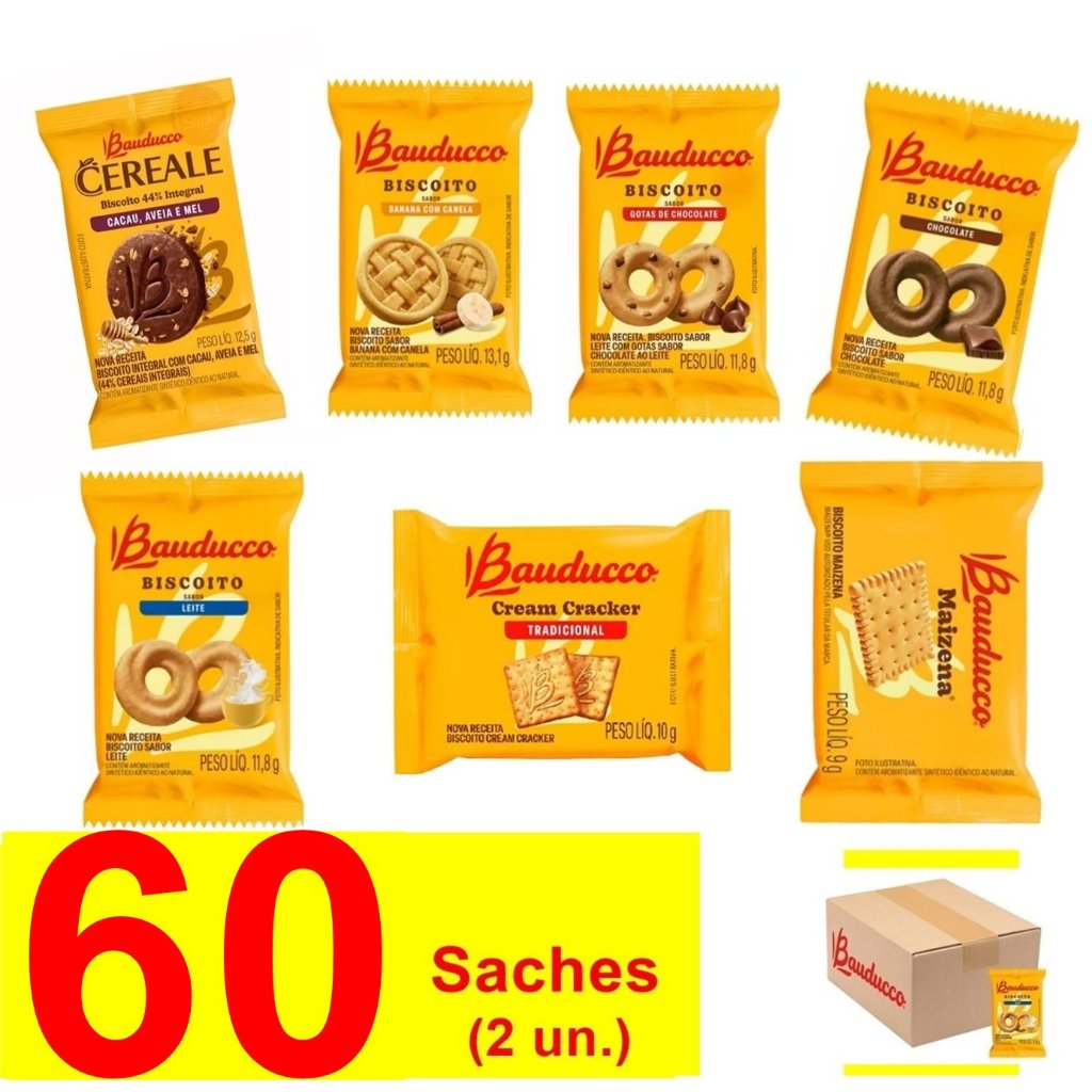 60 Saches (2un) Biscoitos Sortidos Amanteigados Bauducco Cereale Cacau Chocolate Banana Leite Gotas