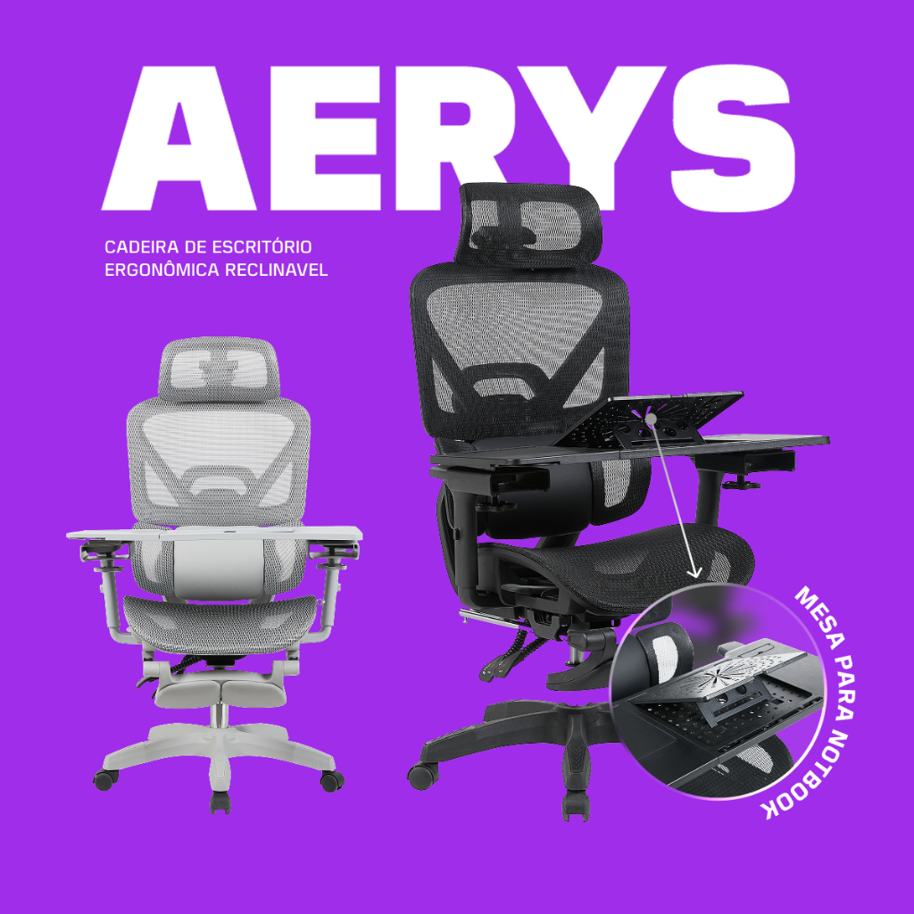Cadeira De Escritório Ergonômica Reclinável Lombar E Pés Tecido Respirável Mesh Aerys L7Q3 + Mesa