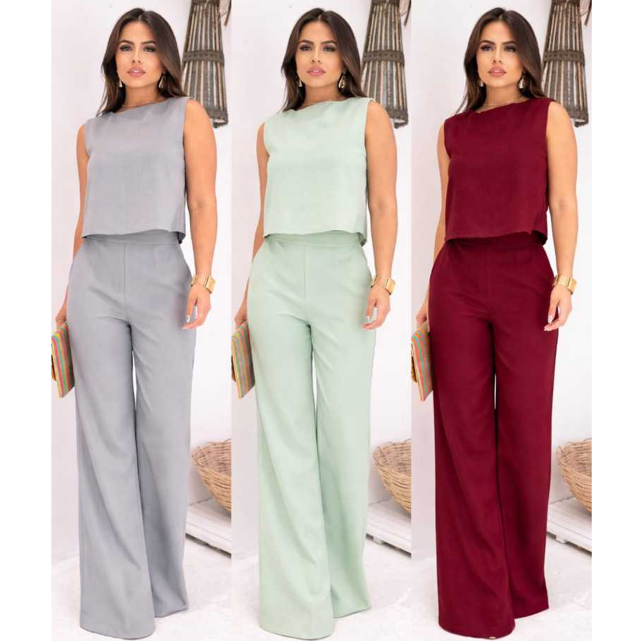 Conjunto linho feminino Social calça pantalona e Blusa regata