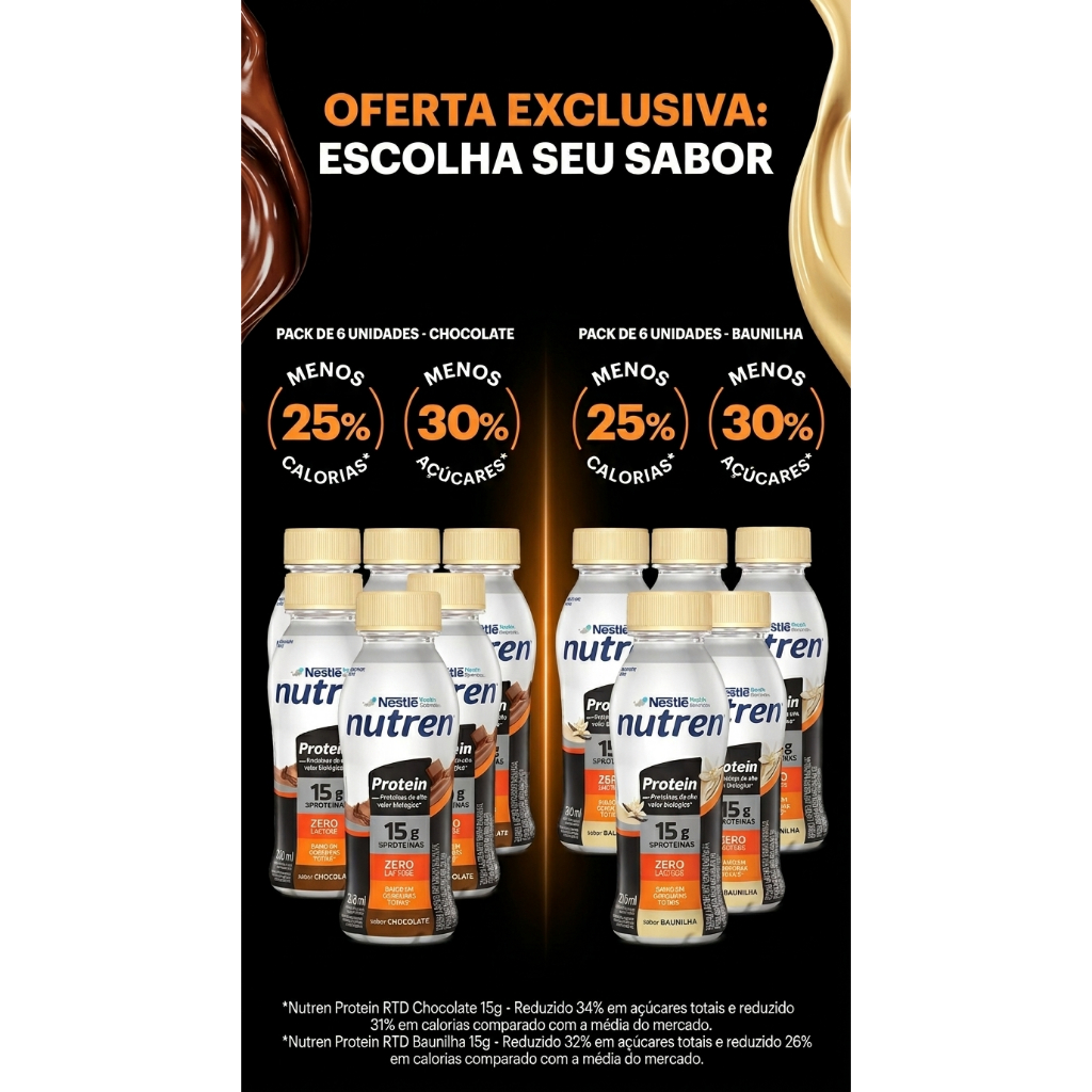 Pack Bebida Láctea Nestlé Nutren Protein Chocolate Baunilha 260ml