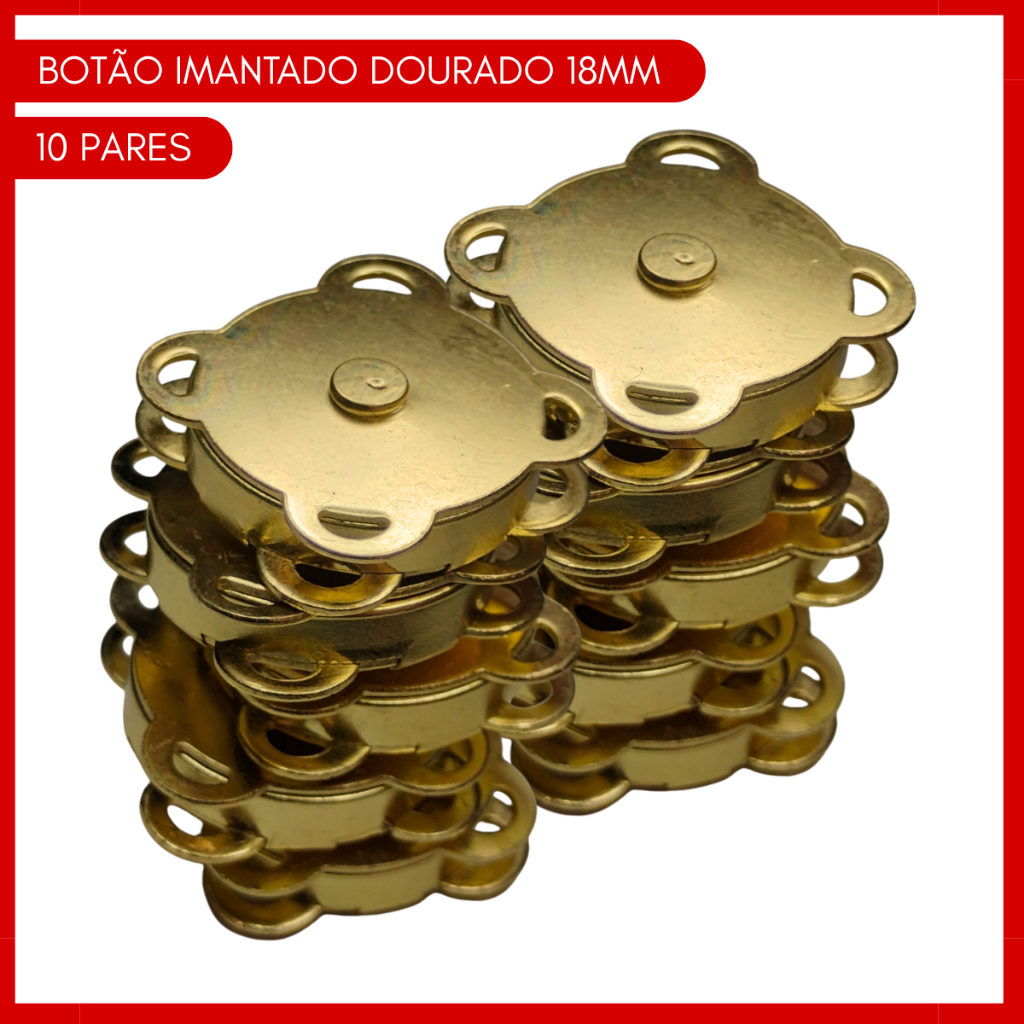 Kit 10 Botões Imantado Magnético Fecho Cor Dourado 18mm Imã