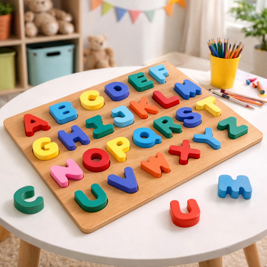 Brinquedo Quebra Cabeça em Madeira Alfabeto Infantil Educativo Letras Coloridas Didático