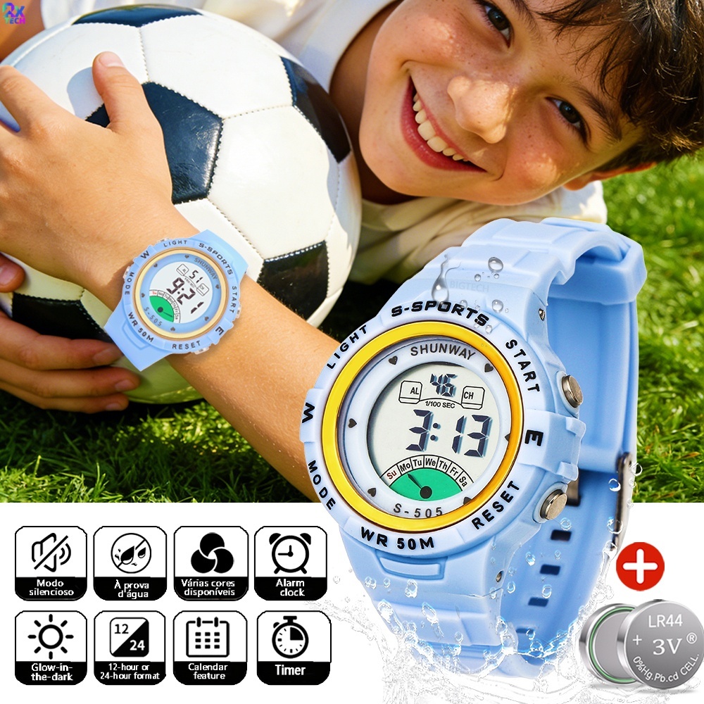 Relógio Infantil A Prova De água Exercícios Original Relógios 2 Pilhas Bateria Femininos Led Esportivas Cronômetro
