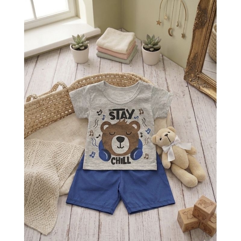 Conjunto Infantil bebê Menino Curto Verão Calor Camiseta Urso Algodão e Bermuda Tactel confortável 3 a 6 meses