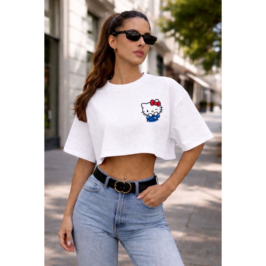 Cropped Feminino Oversized Hello Kitty Camiseta Moda Blogueira Básico Confortável 100% Algodão