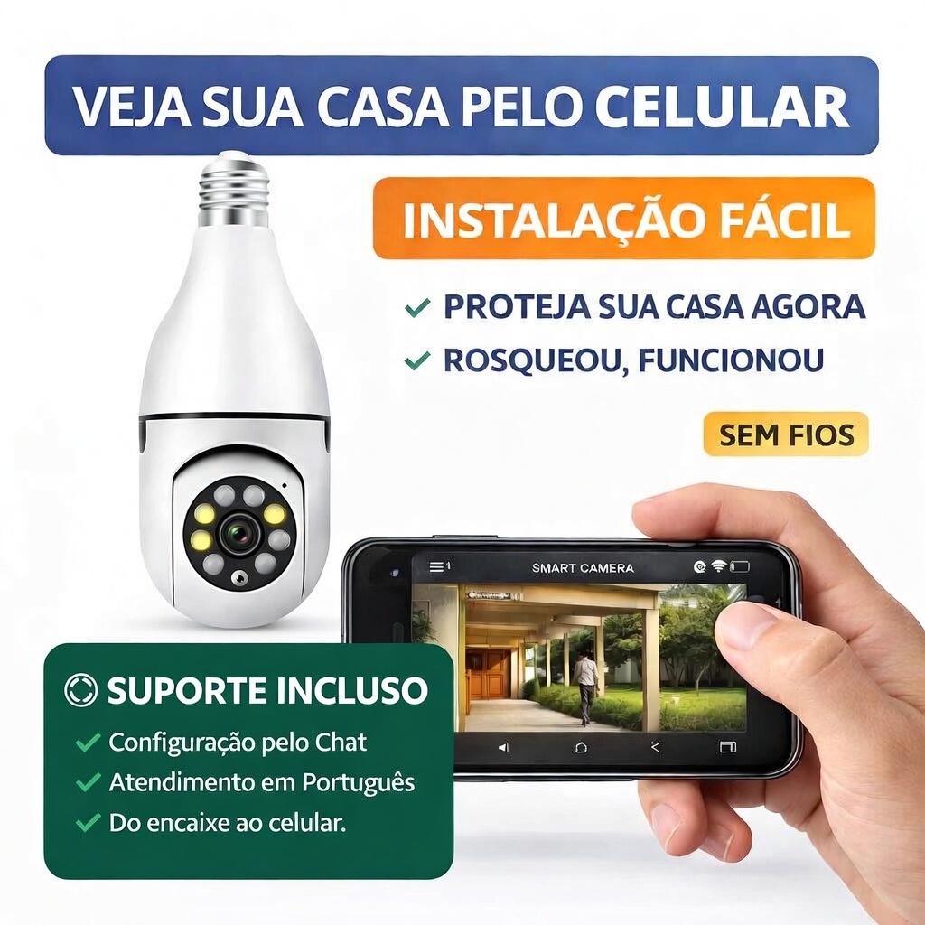 Câmera WiFi Lâmpada 360° HD Visão Noturna App + Suporte Online em Oferta na Shopee