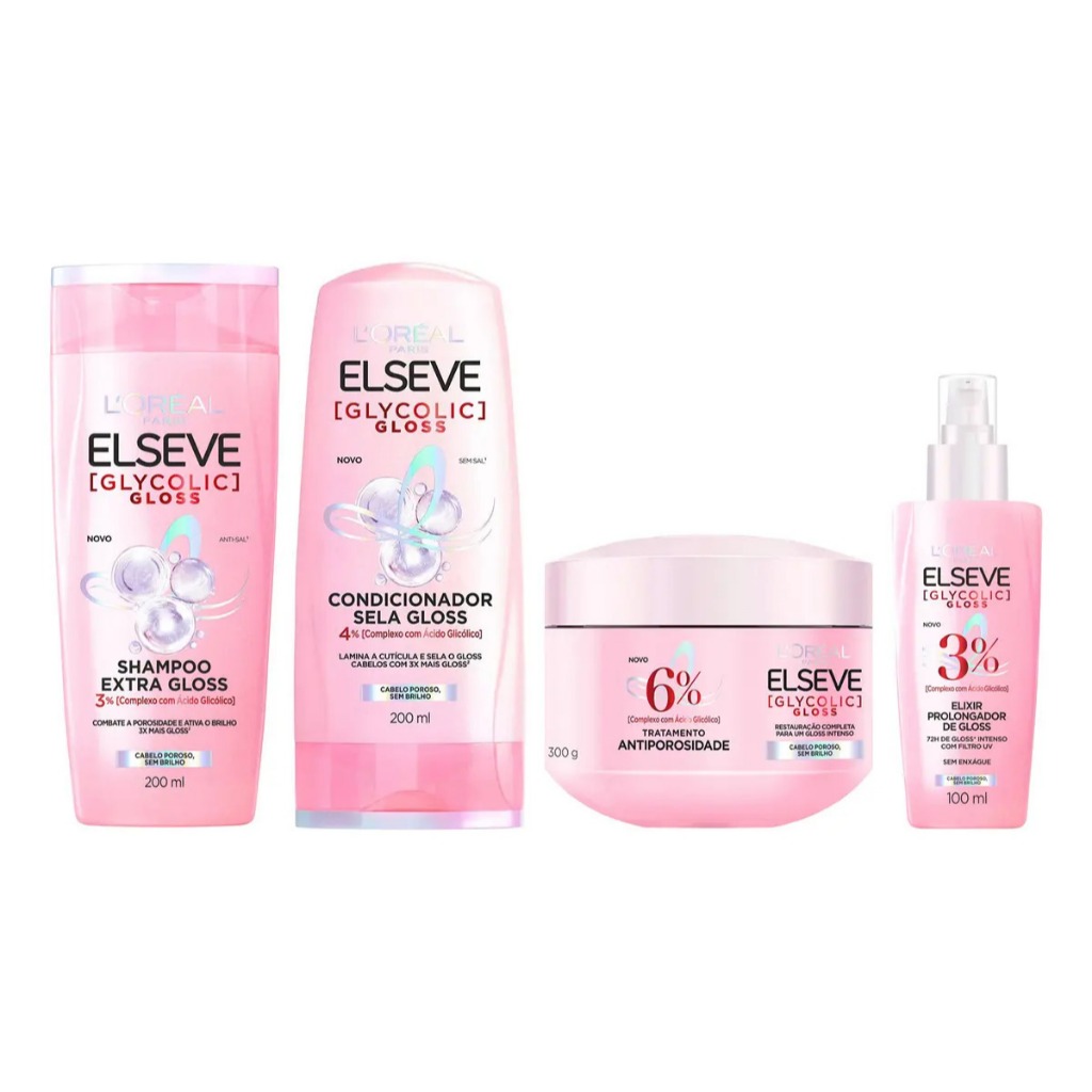 Kit Elseve Glycolic Gloss Shampoo + Cond +mácara+ Serum Loreal -200ml