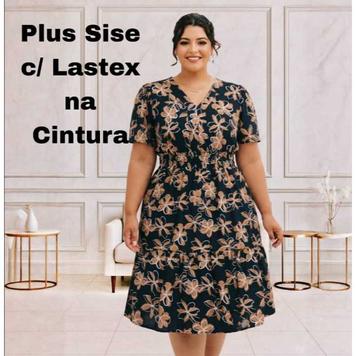 Vestido Feminino Midi Plus Size Gola V Moda Evangélica Tecido com Forro Lastex na Cintura