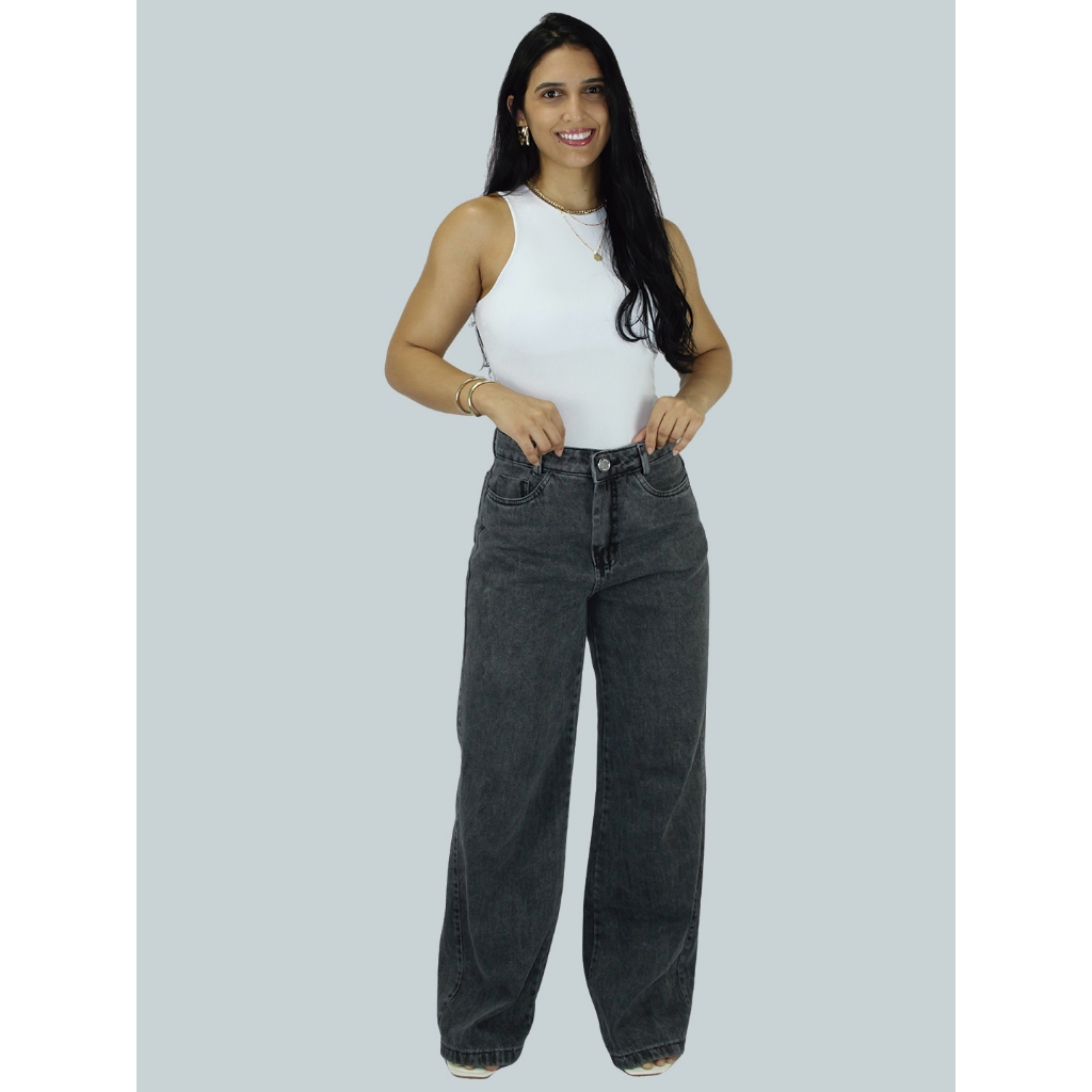 Calça Jeans Feminina Wide Leg Pantalona Barra Larga Luxo Marmorizada Cintura Alta Empina Bumbum