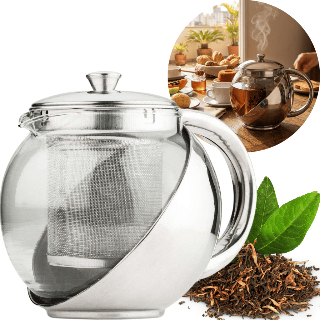 Chaleira 700ml Vidro Inox com Infusor Filtro Chá Café Ervas Coar Servir Bebidas Cozinha