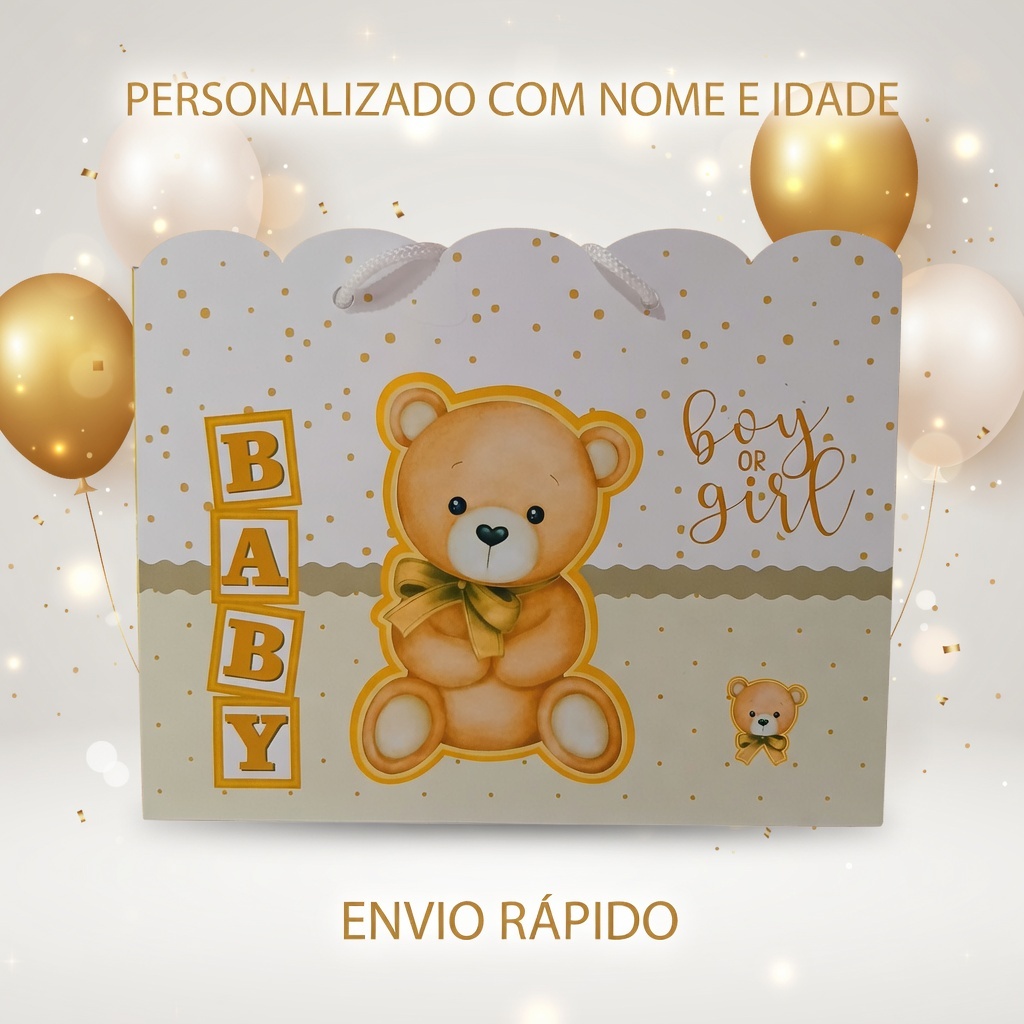 Sacolinha Surpresa Personalizada Ursinho Chá Revelação Neutro | Lembrancinha de Aniversário - Tam G - PEGUE E MONTE