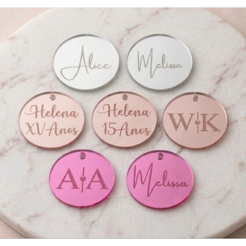 Tags Medalha Acrílico Espelhado Personalizada 2,5cm Nome p/ Lembrancinhas e Artesanato