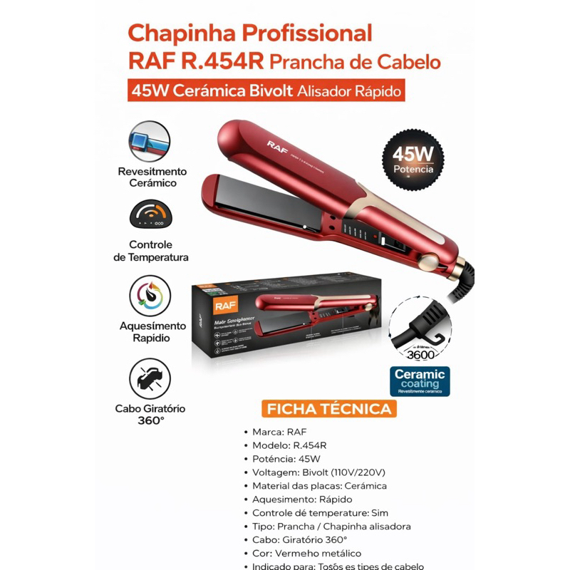 Chapinha Profissional RAF R.454R Prancha de Cabelo 45W Cerâmica Bivolt Alisador Rápido