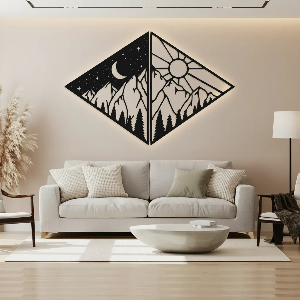 Sol e Lua Quadro Triangular Vazado decorativo Preto Fosco MDF 3mm