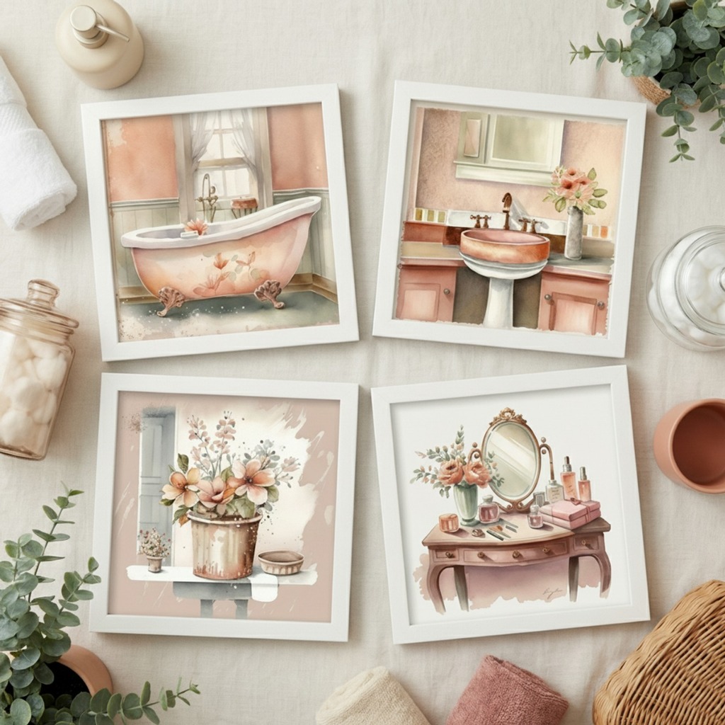 Kit 4 Quadros Decorativos 18x18 cm Vintage Salmão Com Moldura E Vidro