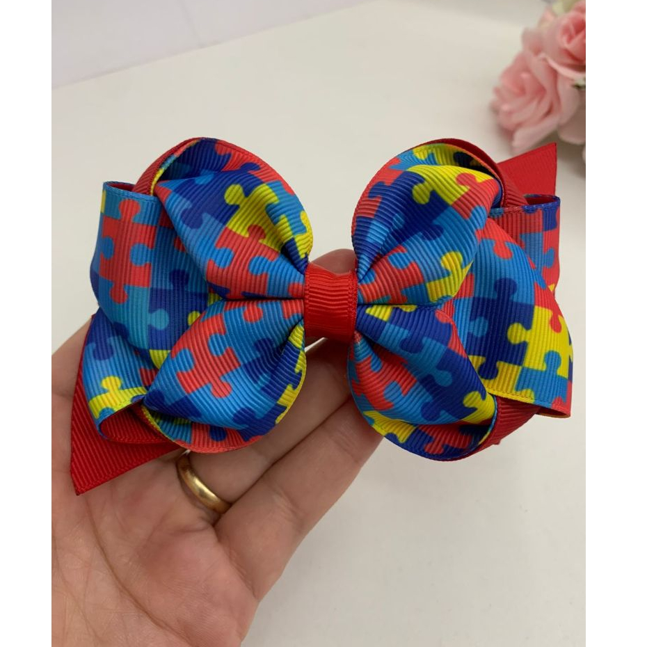 Laço Autismo - Fita quebra-cabeça - Modelos variados - Coleção TEA - Autismo - Tiara autismo