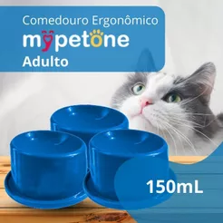 3 Comedouro Cão e Gato Ergonômico Alto 150ml Mypetone Azul Adulto/Filhotes