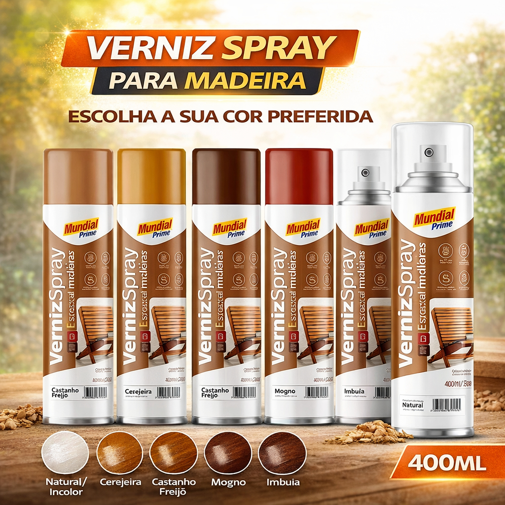 Novo Verniz spray especial para madeira 400ml Mundial Prime- Várias cores