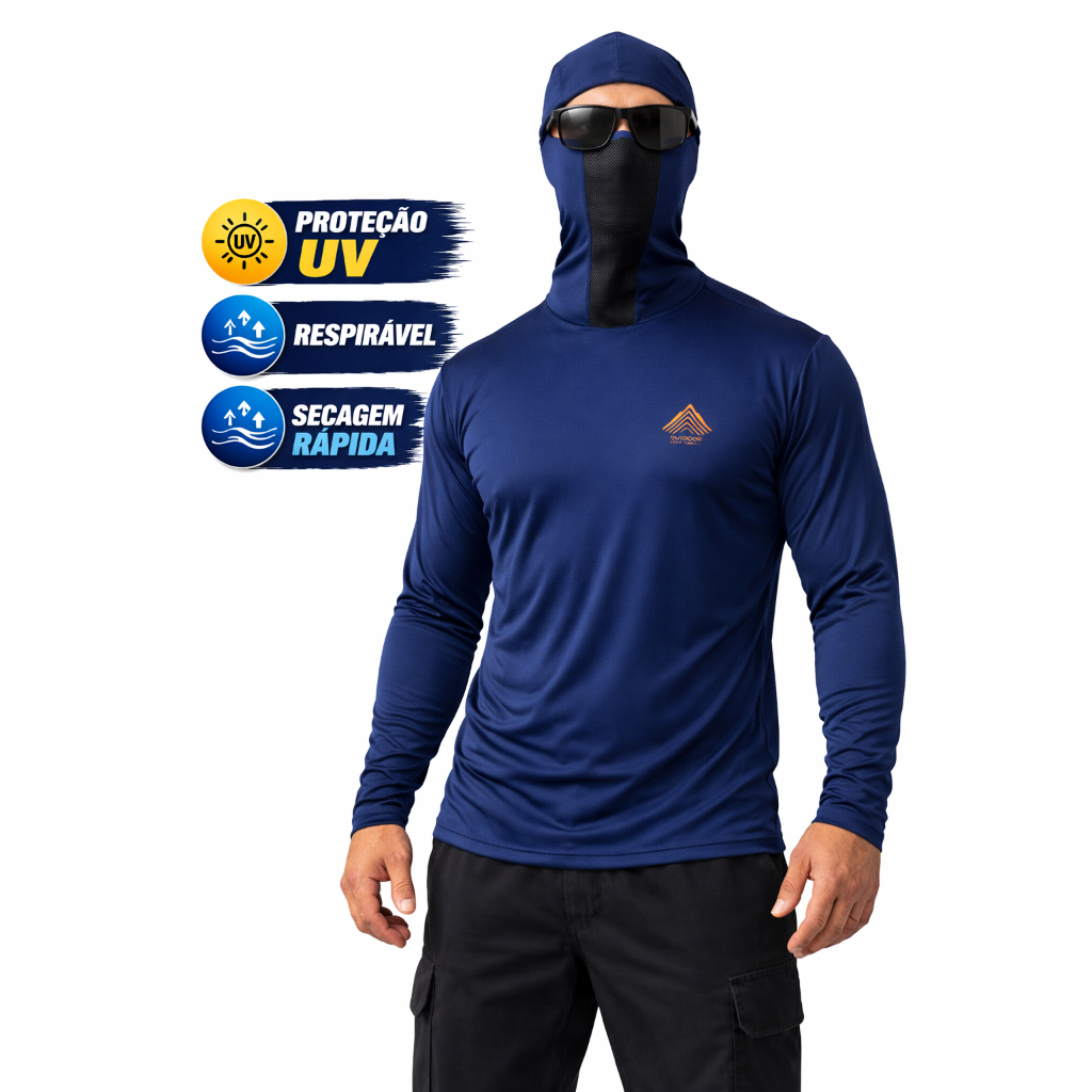 Camisa de Pesca Proteção UV50+ com Touca Ninja - Azul Marinho