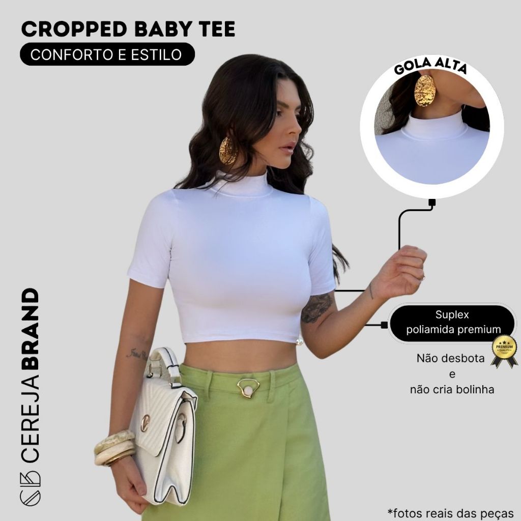 Cropped Feminino Gola Alta Manga Curta Slim Fit Confortável Básico — imagem 2 de 2