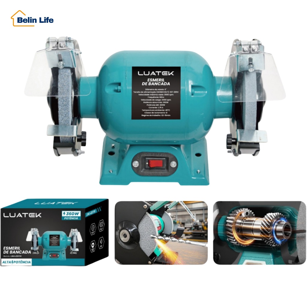 Moto Esmeril de Bancada 360W 3450 RPM Bivolt  Profissional Afiar Desbaste  Luatek LWJ-ZD110