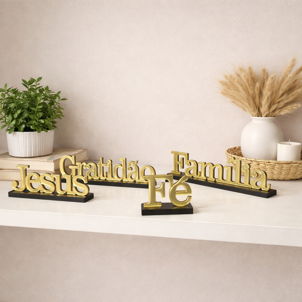 Kit 4 Palavras Decorativas Fé Jesus Gratidão Família Em Acrílico Espelhado Para Decoração