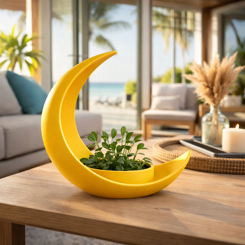 Vaso Decoração Lua Crescente com Vasinho Elíptico para Plantas Amarelo