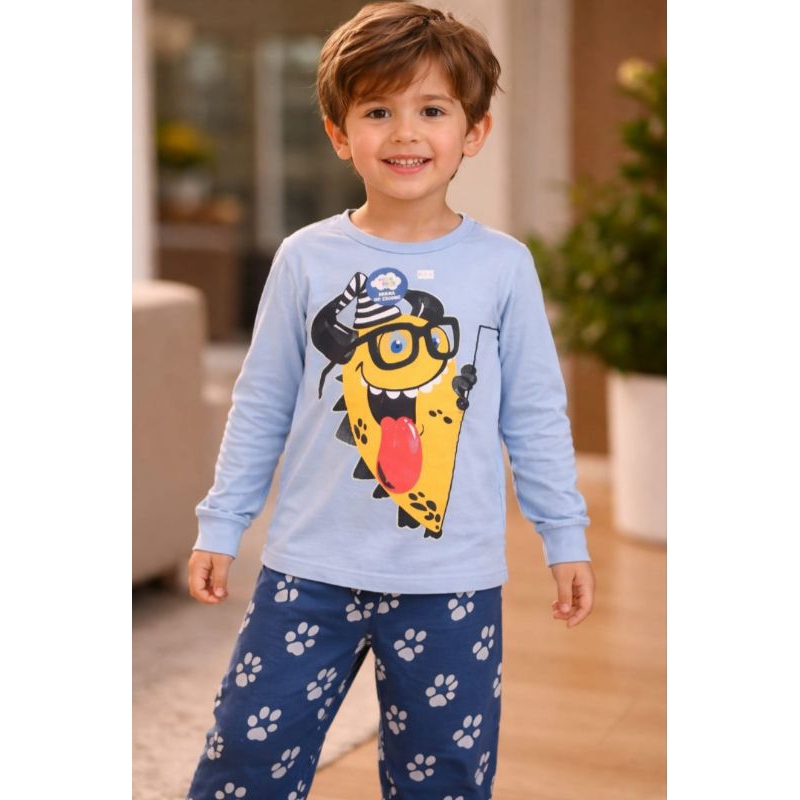 Conjunto Pijama GLOW BRILHA NO ESCURO com Estampas Infantil Masculino Inverno Monstro e Dinossauro