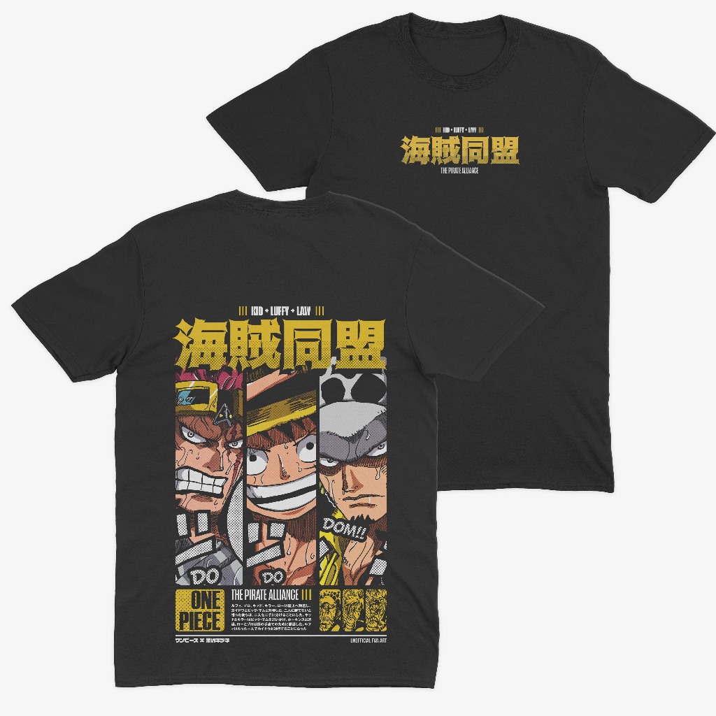 Camiseta Anime One Piece Camisa Aliança Pirata Luffy Law Eustass Kid Unissex em Algodão Premium