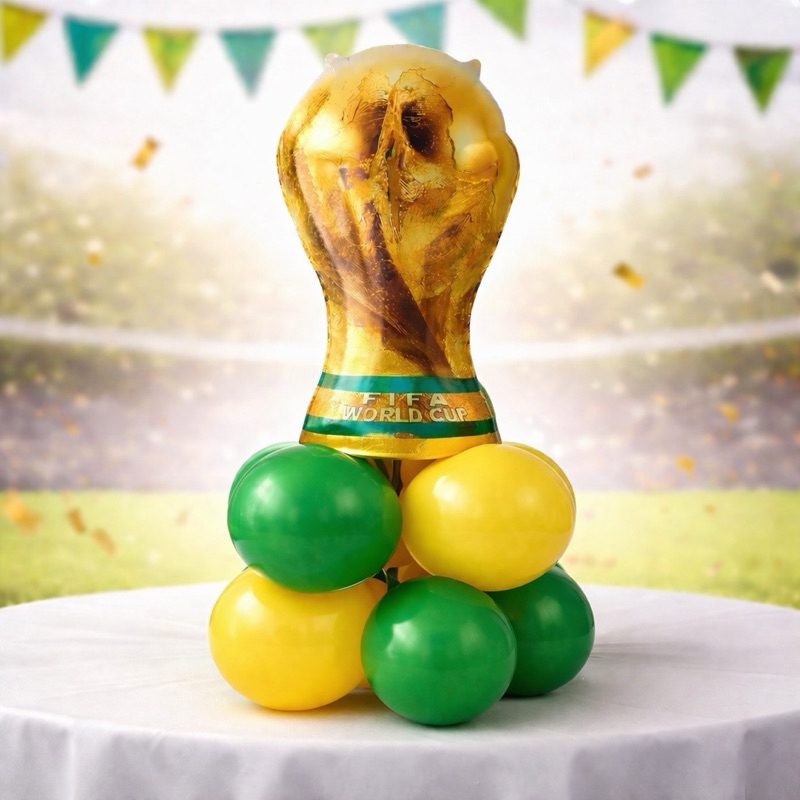 Centro de Mesa Balão Metalizado Enfeite Bexiga Taça Futebol Copa do Mundo Rumo ao Hexa Troféu