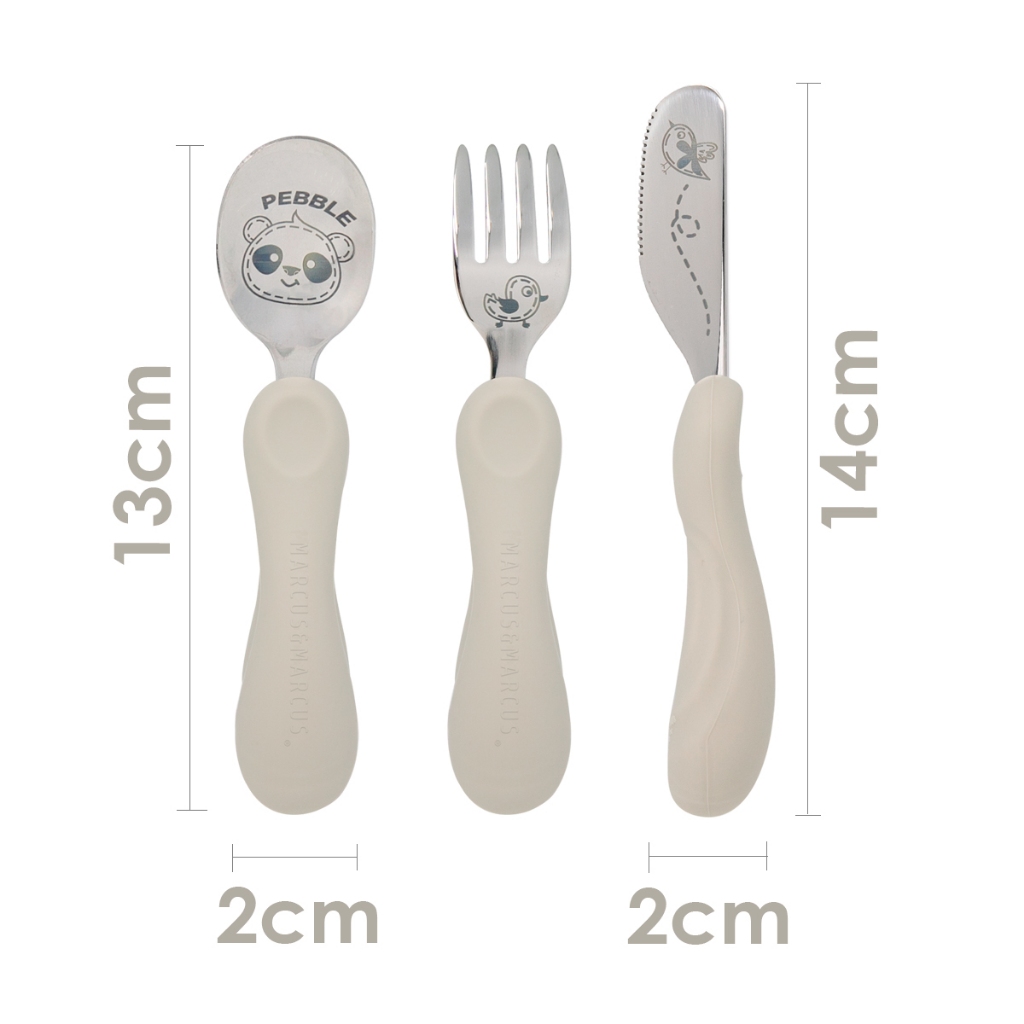JOGO ANATÔMICO COLHER GARFO E FACA COM INOX PANDA PEBBLE 3PCS (EM SILICONE E INOX) · foto 2
