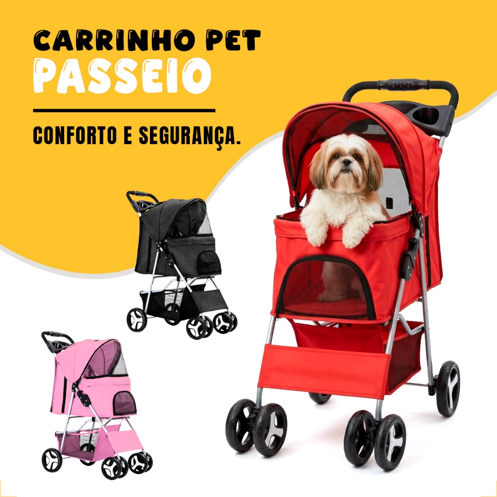 Carrinho de Passeio Pet Cachorro 15kg  Cães Gatos Animal de Estimação Porta Copo Dobrável Transporte