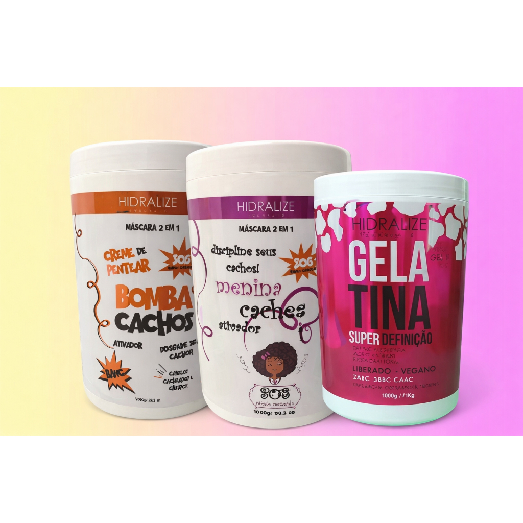 Kit 3 Hidralize Cachos–Ativador de Cachos -Máscara 2 em 1 Bomba Cachos -Gelatina Super Definição-Máscara 2 em 1 Cacheada