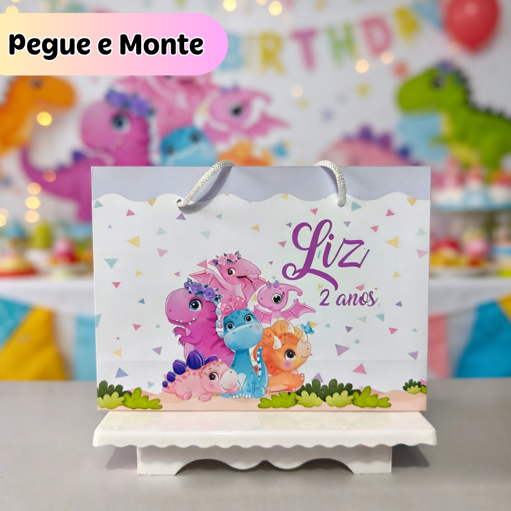 Sacolinha Personalizada PEGUE E MONTE Dinossauro Baby Menina - Sacolinha Surpresa - Festa Infantil