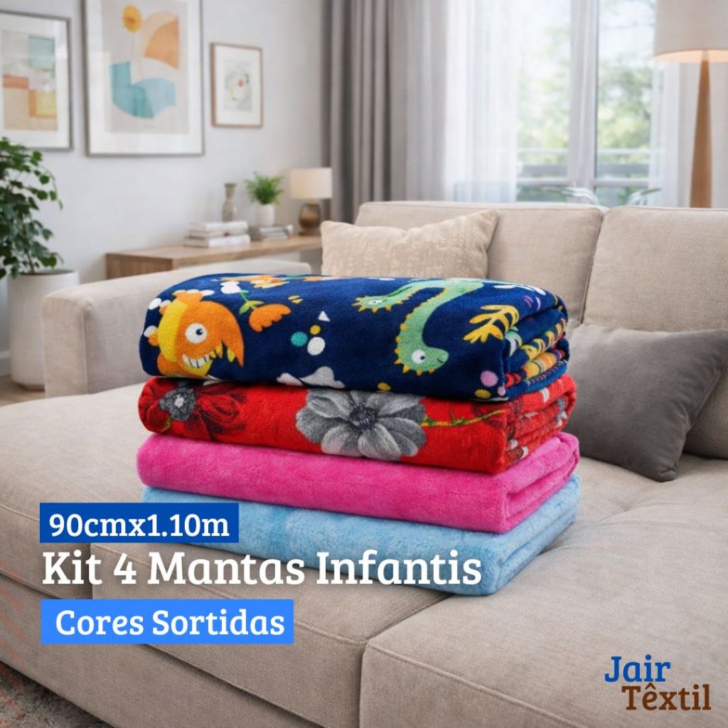 Kit 4 Mantas 2 ou 1  Infantis ou PET Microfibra 90cm x 1,10m 100% Poliéster Várias Estampas