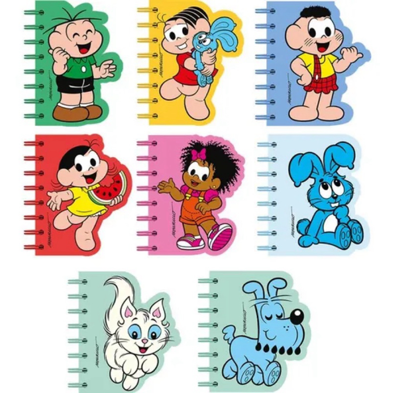 Bloco de Anotações pequeno Turma da Mônica 60 folhas com espiral capa flexível, Mônica, Magali, Cascão, Cebolinha Sansão