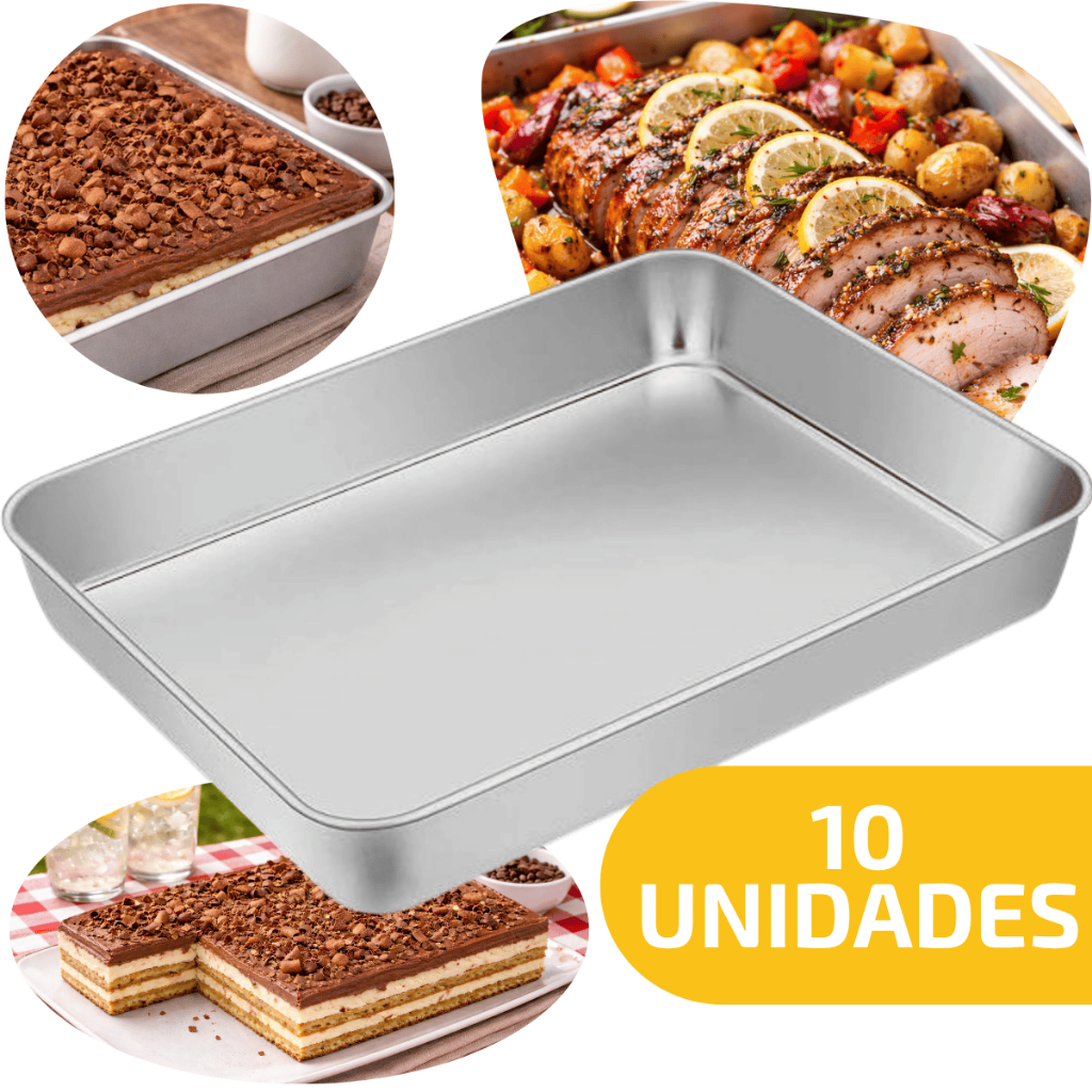 10 Bandeja Assadeira Retangular Lisa Aço Inox Alta 40x31cm Assar Servir Aves Vitrine Servir Alimento