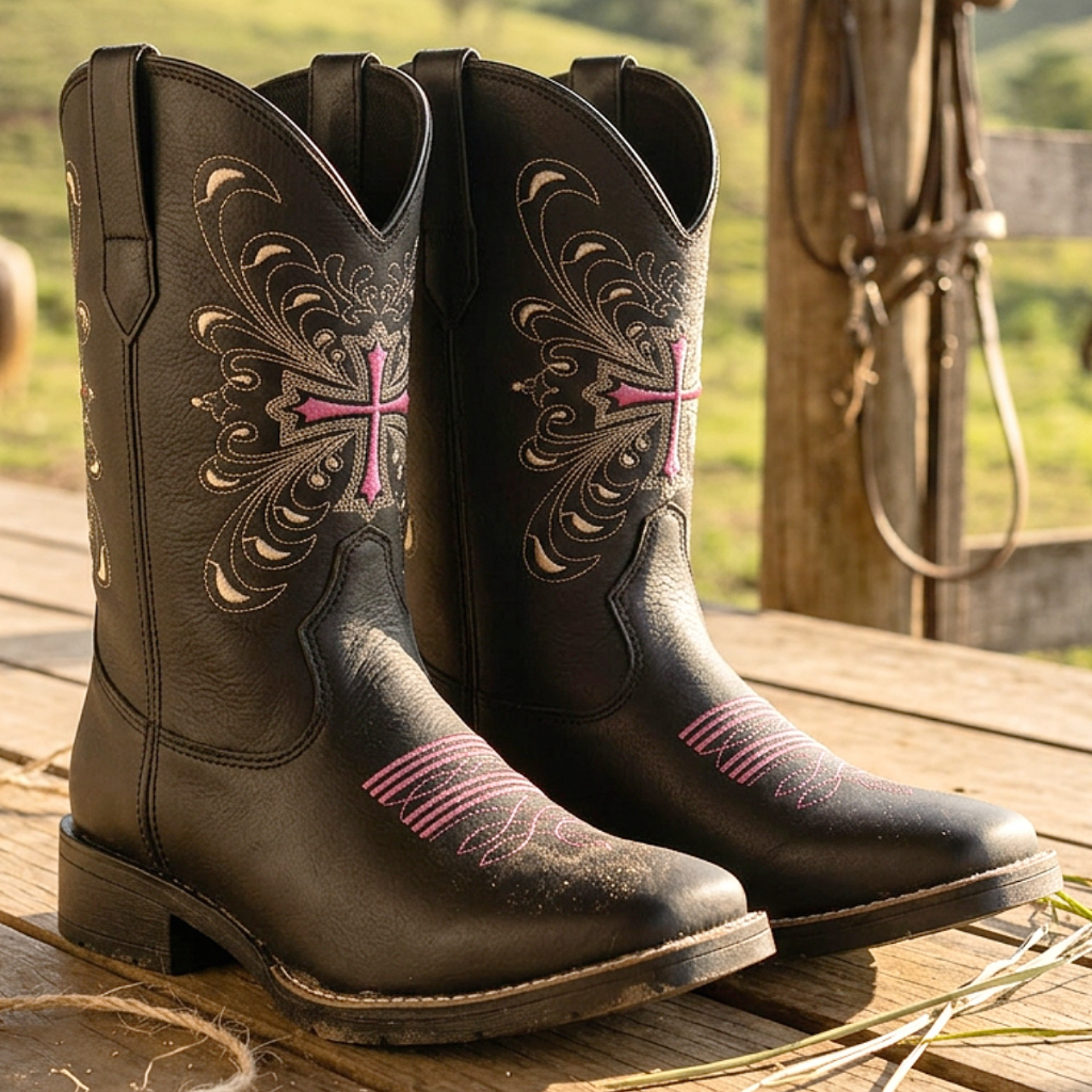Botina Bota Texana Bico Quadrado Bordado Rosa Envio hoje em Oferta na Shopee
