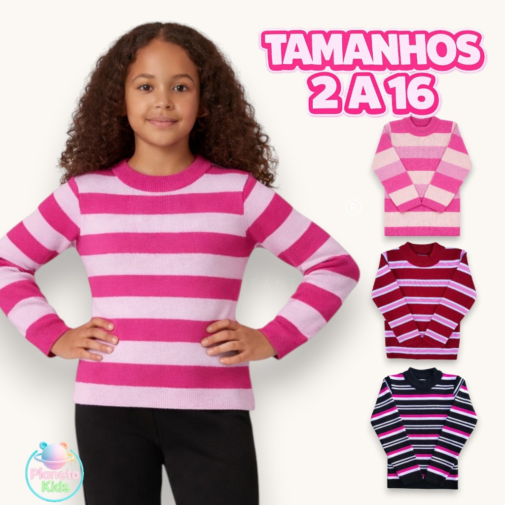 Kit 3 Blusas de Tricot Lã Infantil Juvenil Feminina Inverno