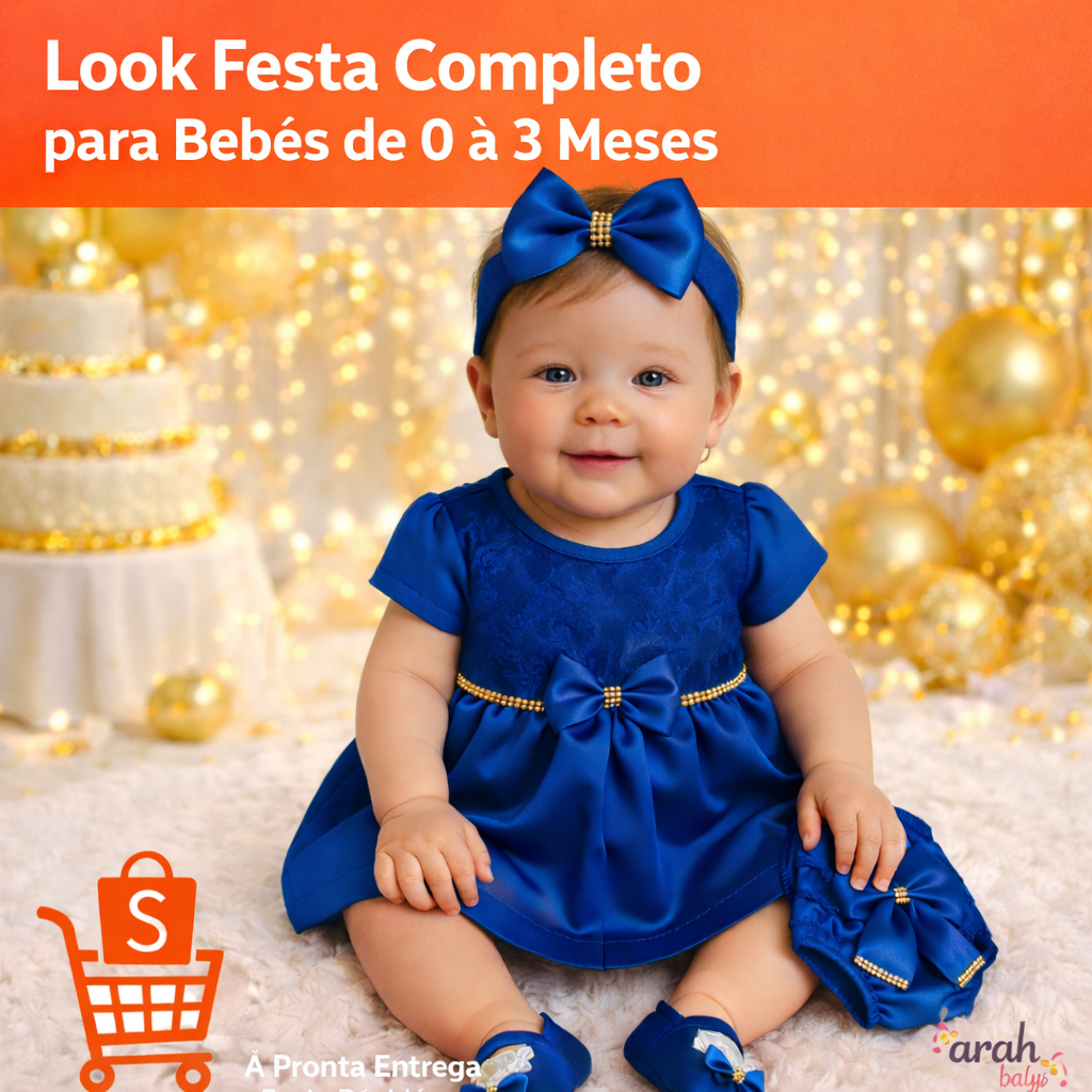 Kit Luxo Bebê Menina 4 Peças Vestido + Tiara + Sapato + Calcinha Bunda Rica Look Completo p/ Festas