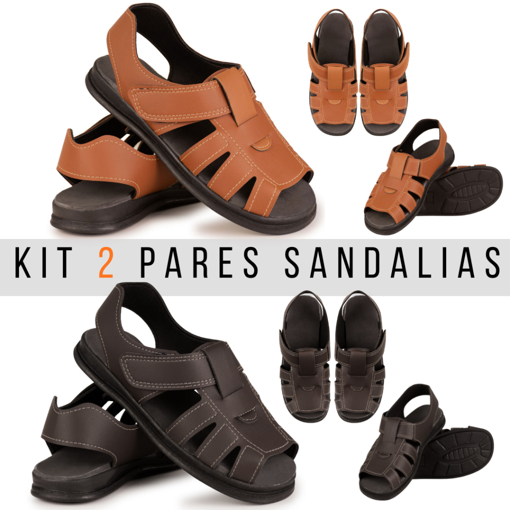 Kit 2 Sandalia masculina de Couro 2 Cores,Sola anti-stress de Alta qualidade e confortavel do 37ao44 em Oferta na Shopee