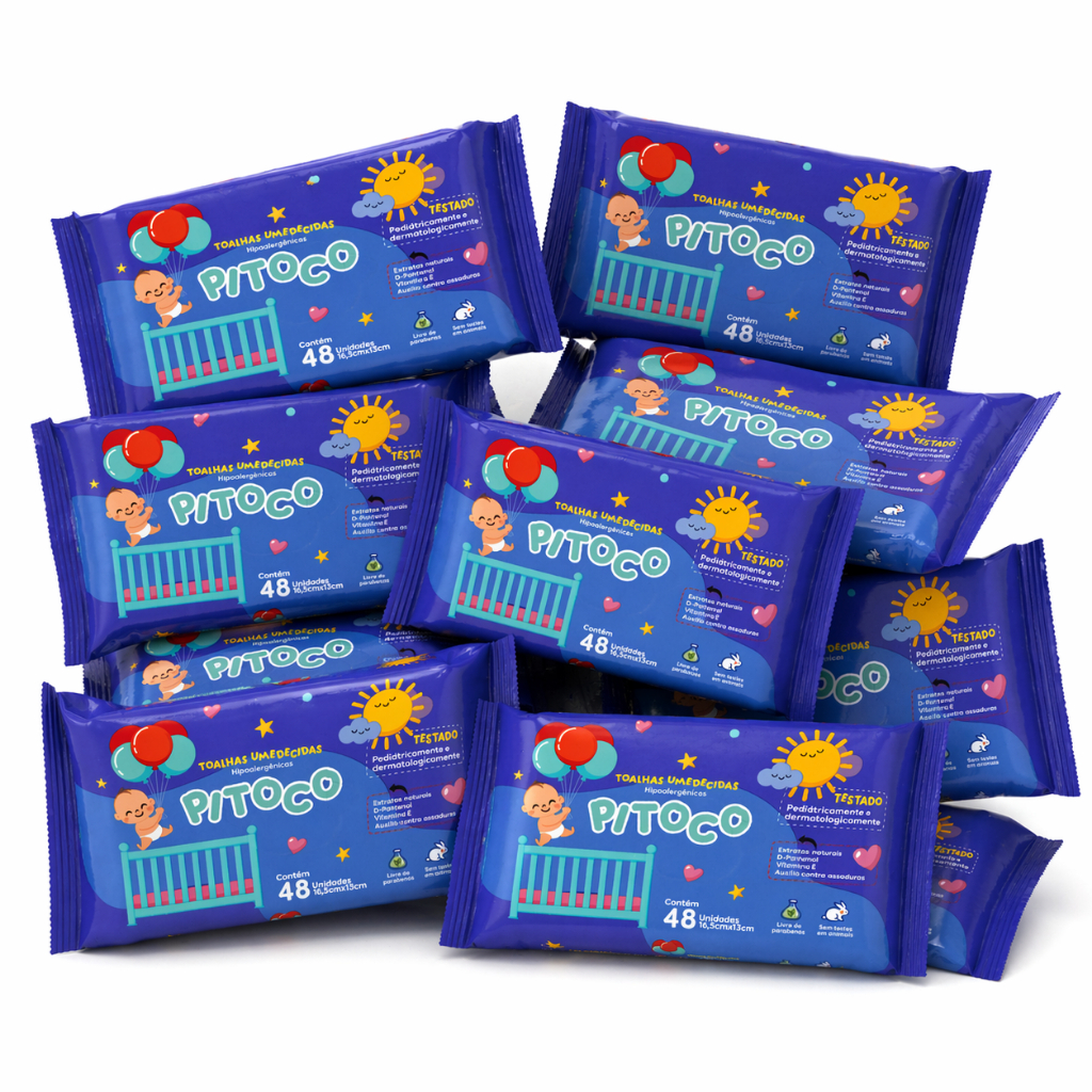 Lenço Umedecido Pitoco 48 Folhas Caixa Com 12 Pacotes 98% Água - Vegano em Oferta na Shopee