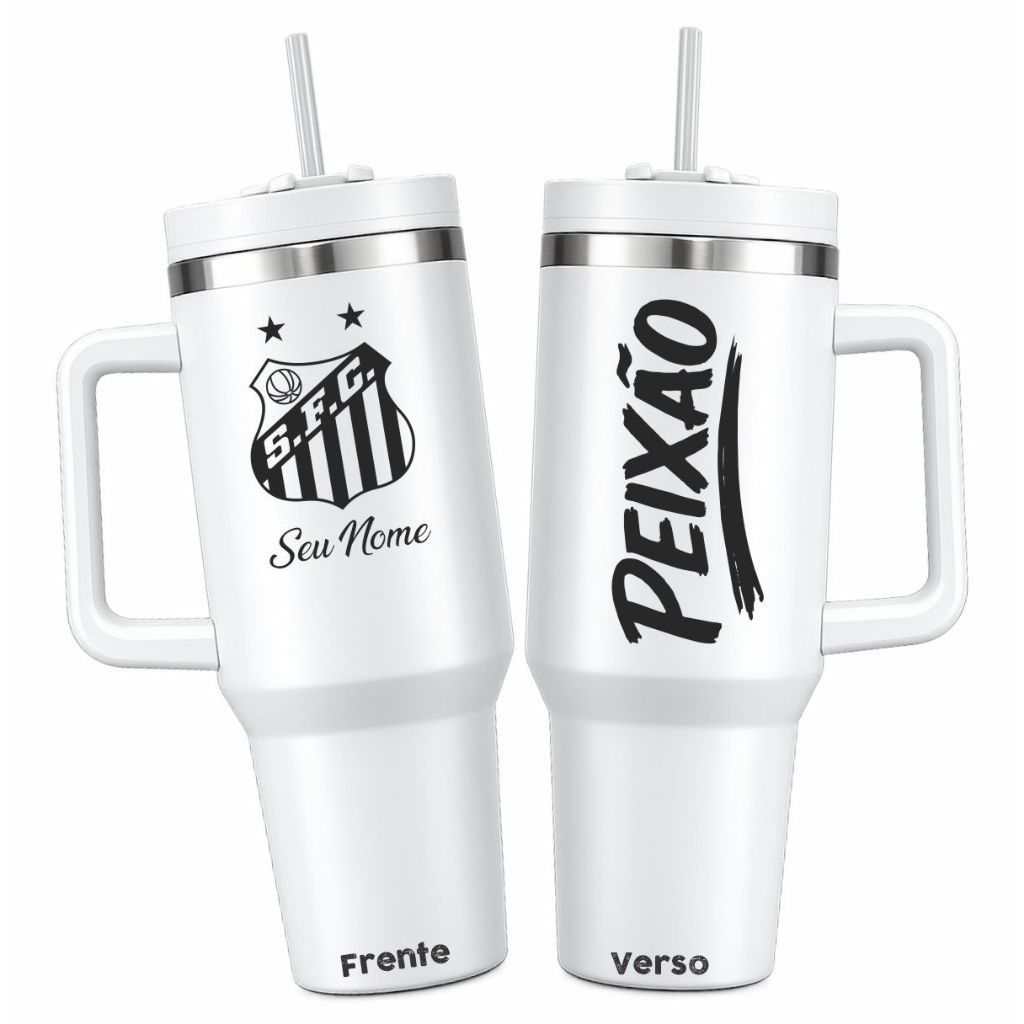 Copo Garrafa Grande com tampa e Canudo e Nome Presente Ideal torcedor, Santos e Varios outros times Brasileirão