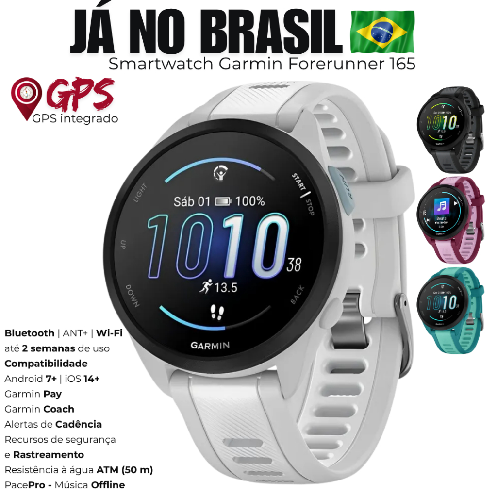 Relogio Garmin Forerunner 165 Com Musica Tela Amoled GPS integrado Garmin Pay Bluetooth | ANT+ | Wi-Fi Bateria de até 20