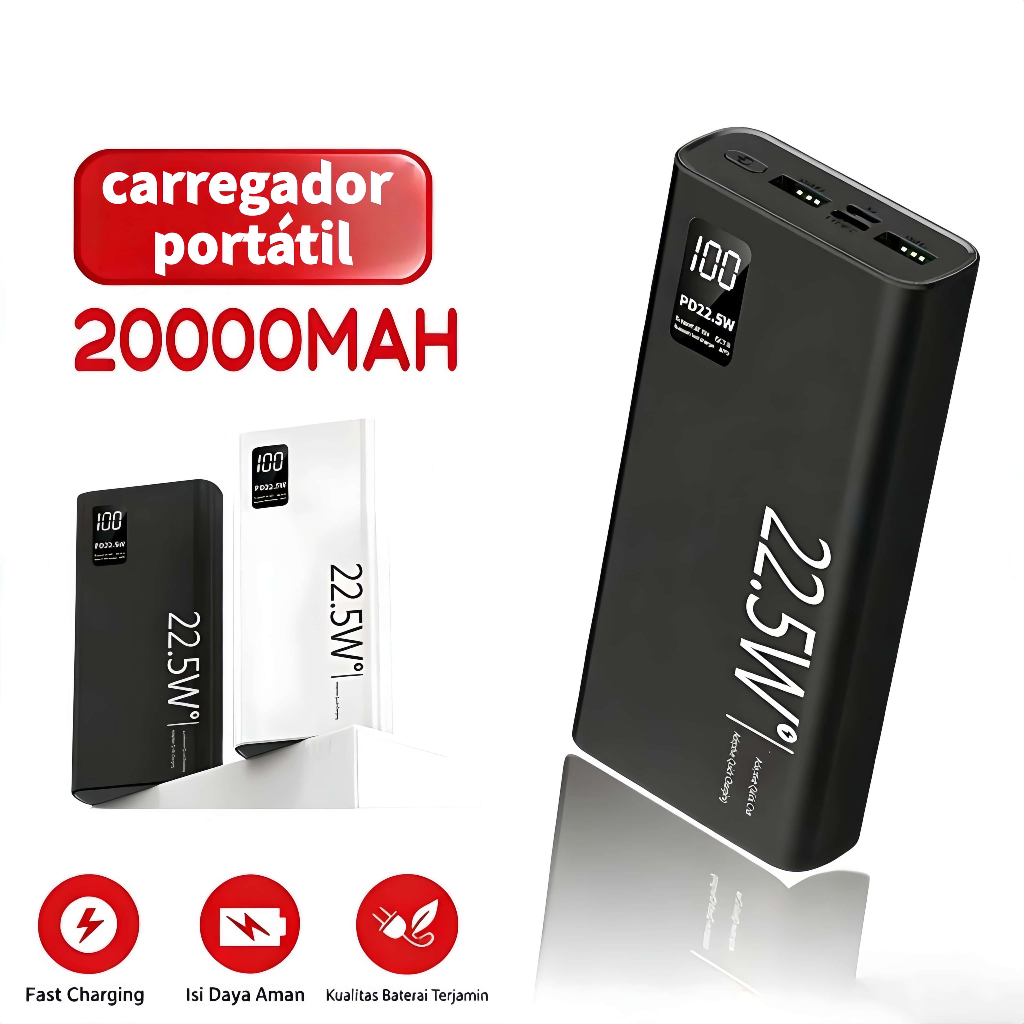 Carregador Portátil 20000mah grande capacidade power bank usb c 22.5w rápido por